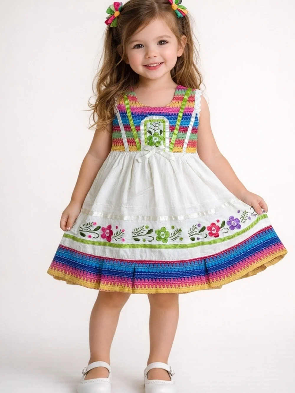 White Dress with Rainbow Trim & Floral Embroidery - Kids Casual Dress